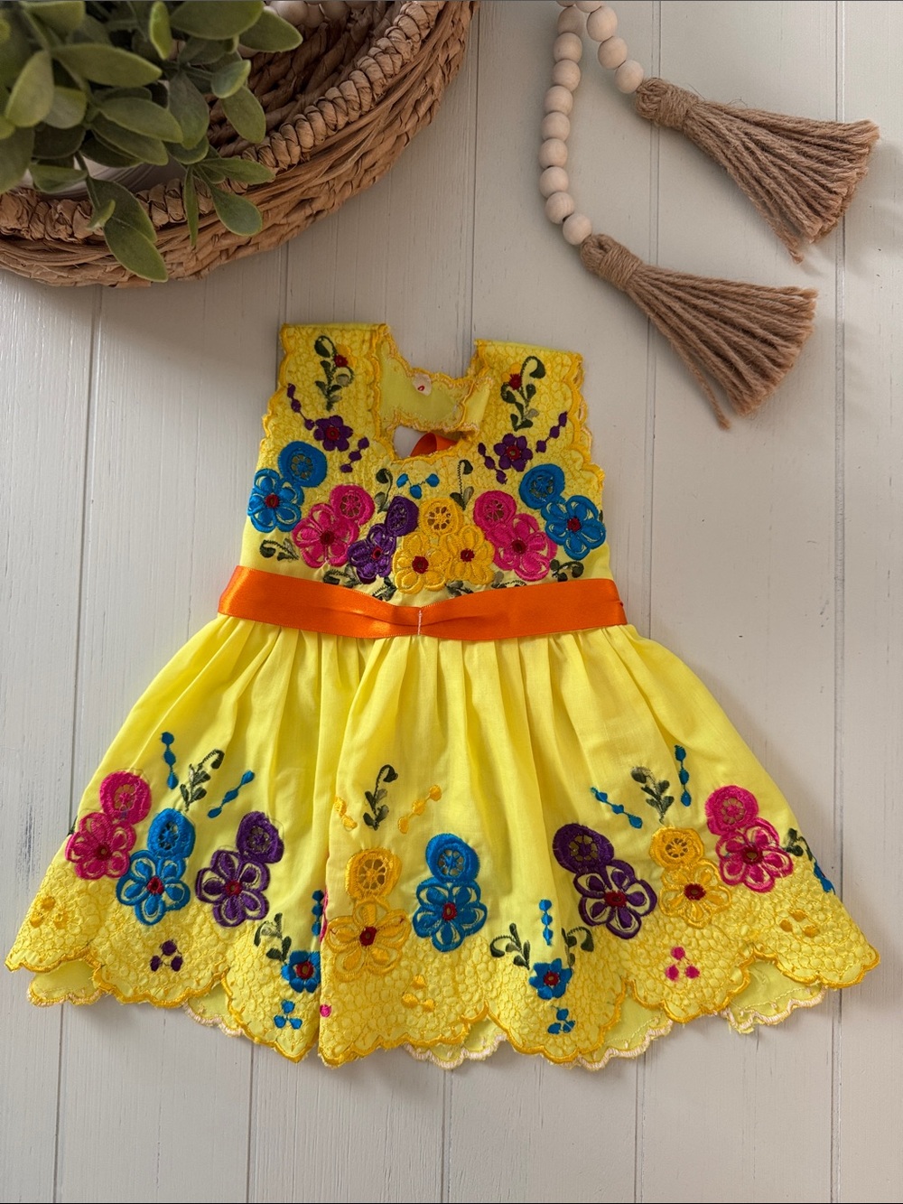 Baby Girl Bright Yellow Floral Embroidered Dress with Orange Sash